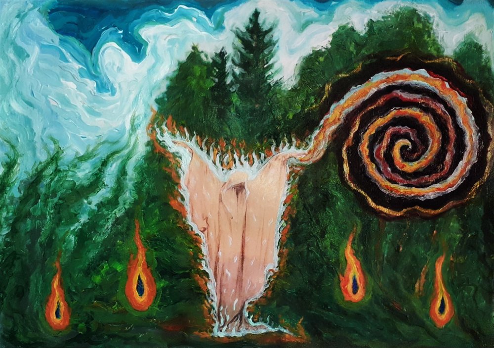 A painting of an otherworldly forest at daytime and a robed figure with raised arms in the middle, surrounded by an aura of flames. The figure is conjuring a magical spiral from their left hand. There are two flames each on both sides of the figure, near to the ground.